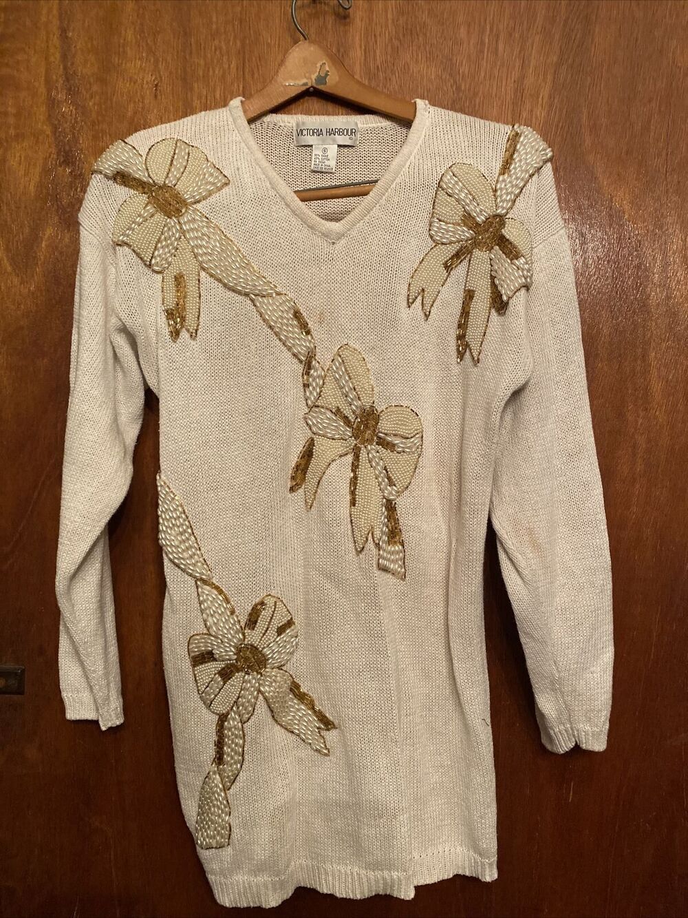 VTG Victoria Harbour Sweater Dress Boxy White Holiday Now Embellishments V-Neck